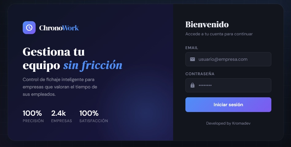 Pantalla de bienvenida y acceso de ChronoWork