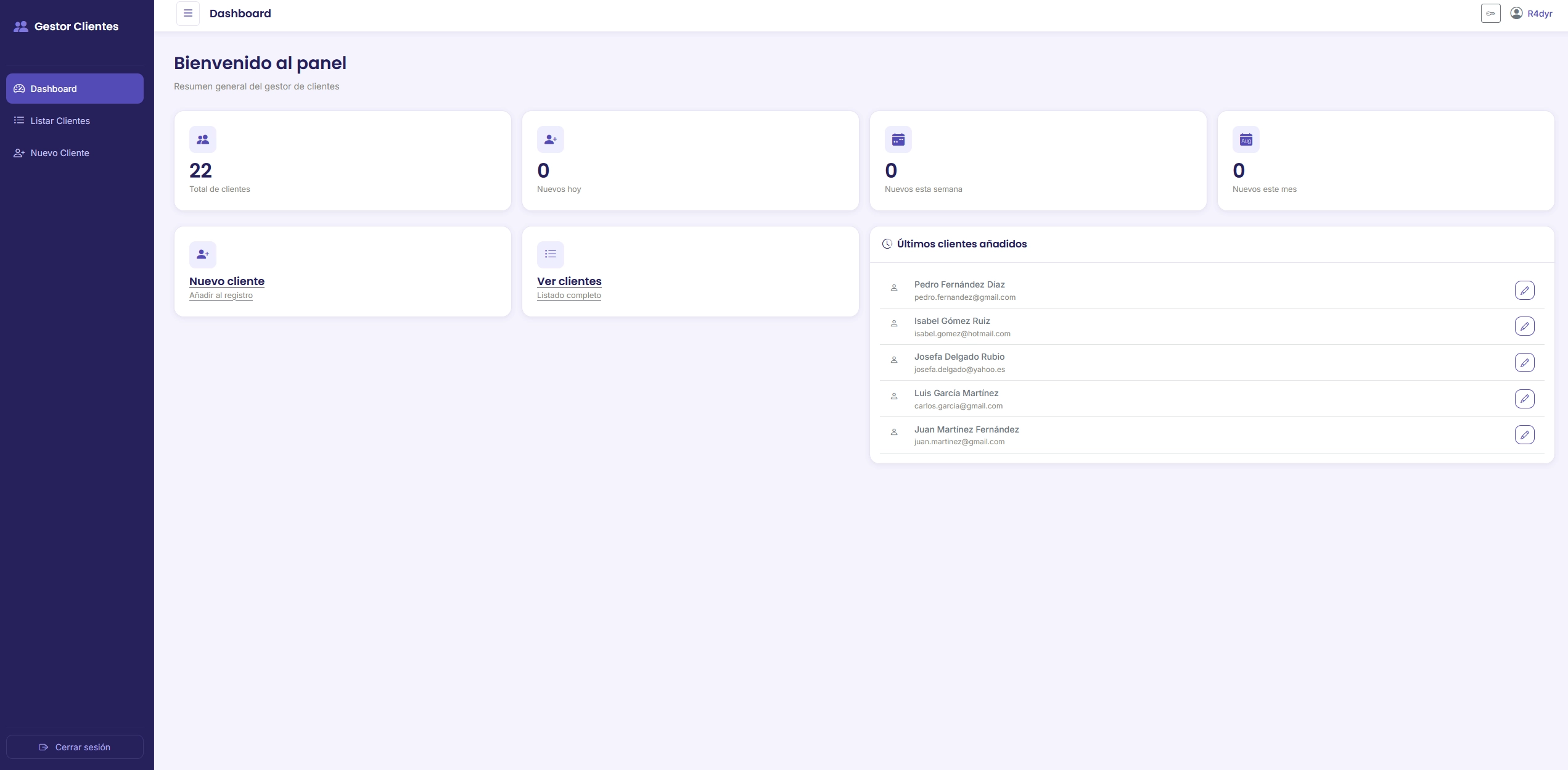 Dashboard con estadísticas de clientes