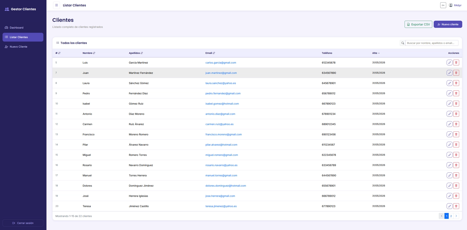 Panel CRM — listado de clientes con paginación y búsqueda