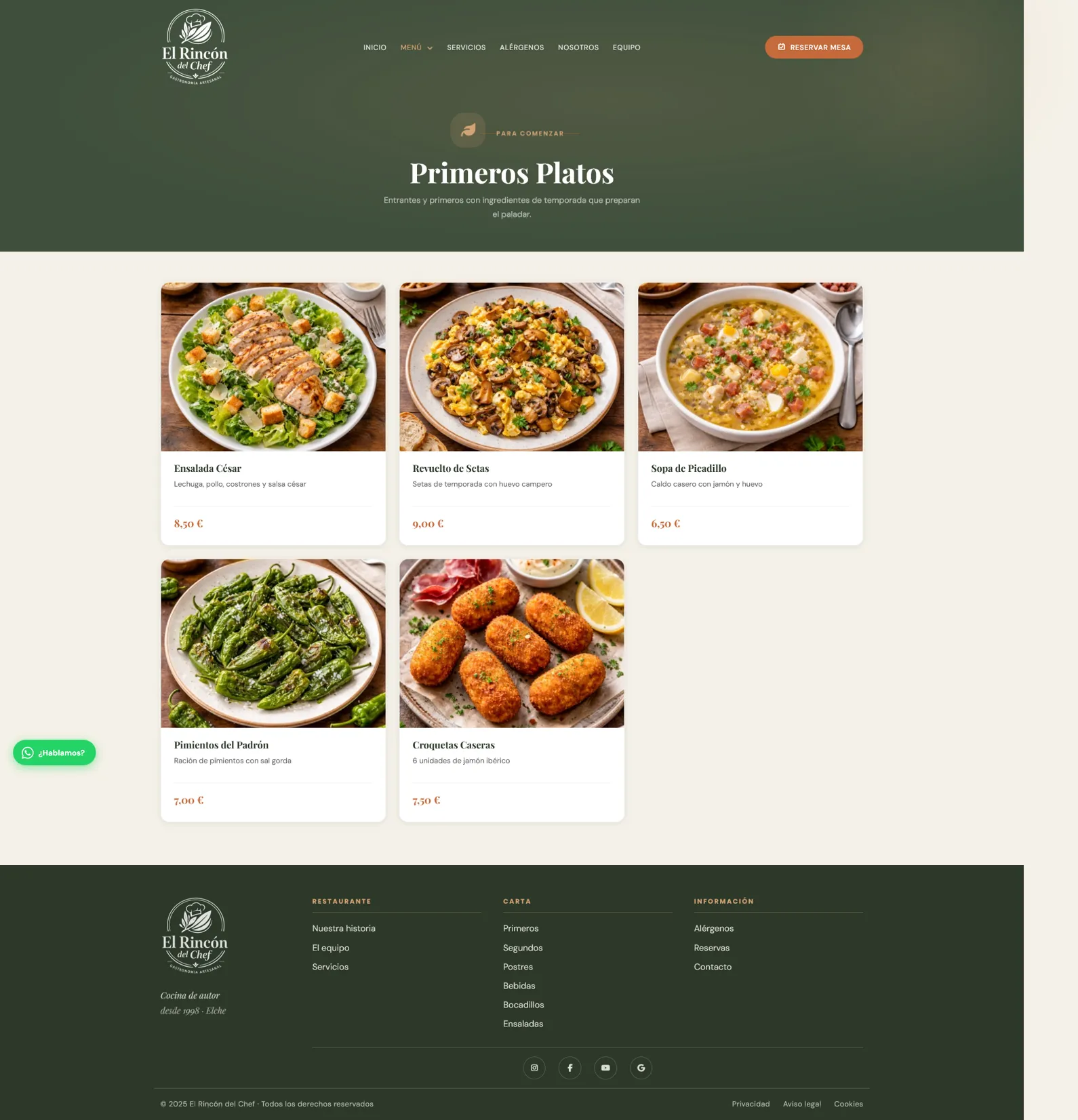 Página de primeros platos de El Rincón del Chef