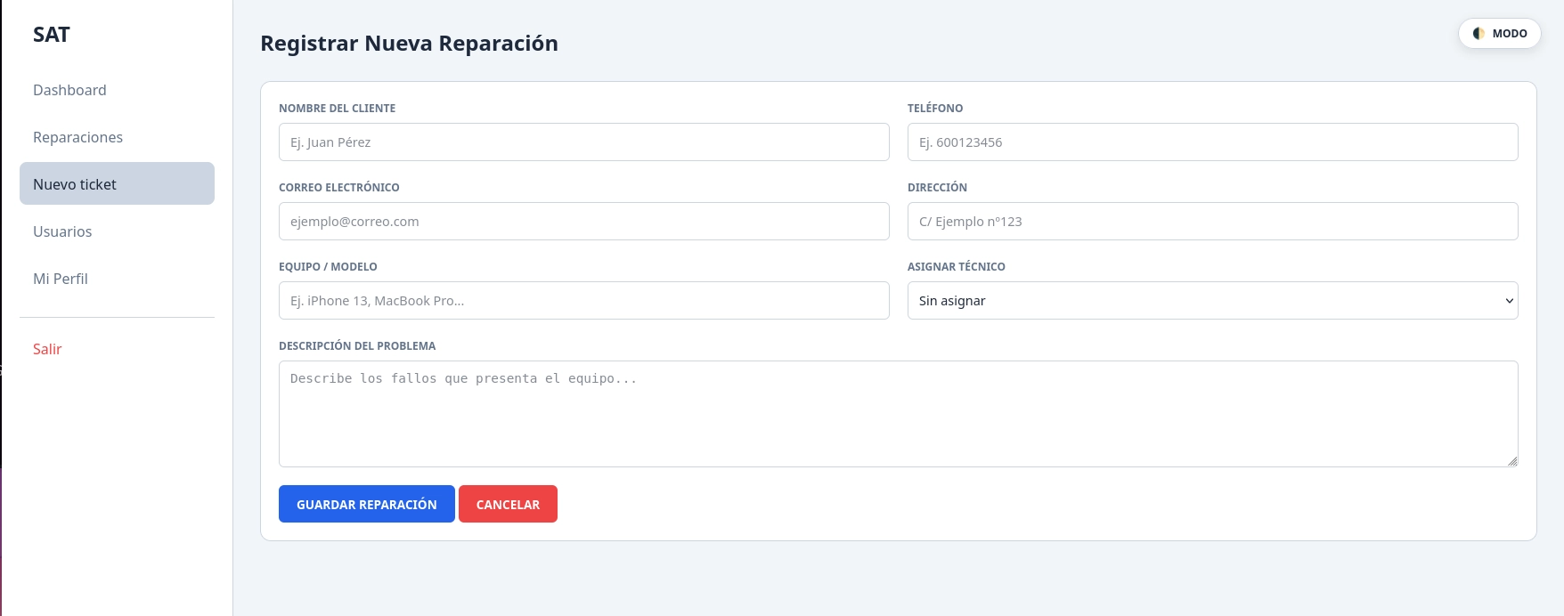 Formulario para registrar una nueva reparación