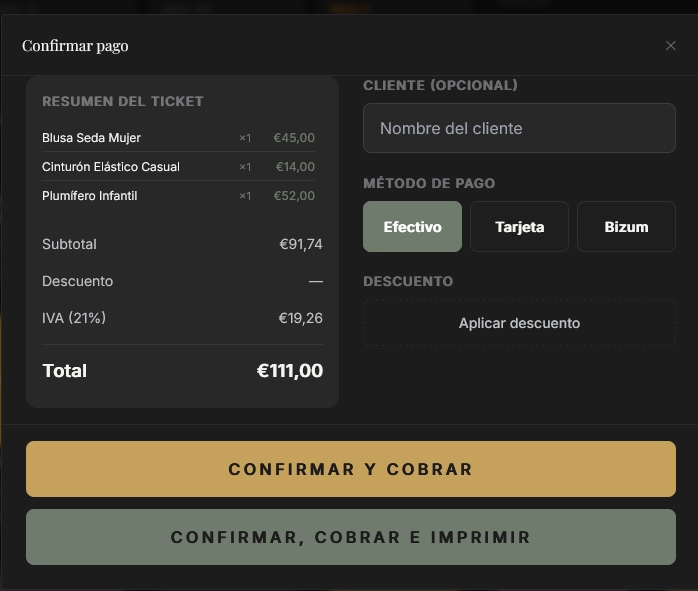 Modal de confirmación de pago con resumen del ticket y método de pago